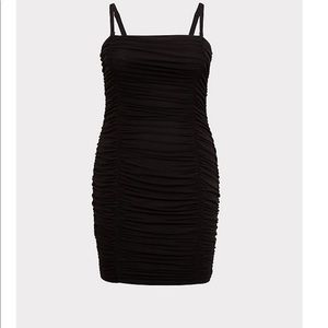 BLACK MESH RUCHED MINI BODYCON DRESS